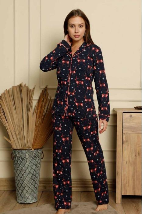 Geyik desenli penye bayan pijama takımı