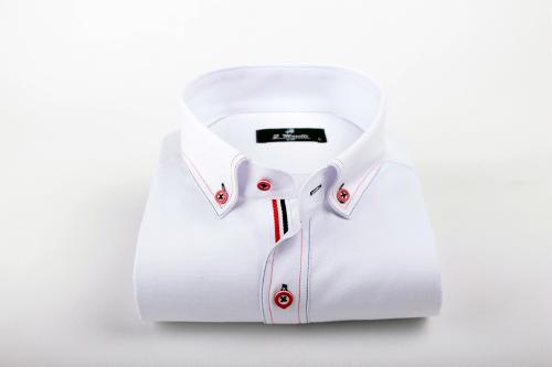 White shirt with navy blue and red contrast design.